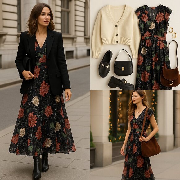 🌸 Venus Floral Maxi Dress – Sophisticated Fall Statement Piece 🌸 - Picture 2 of 14
